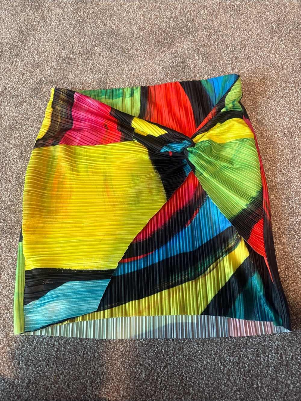 Topshop Multicolor Pleated Knot-Front Mini Skirt - Yellow, Green & Blue